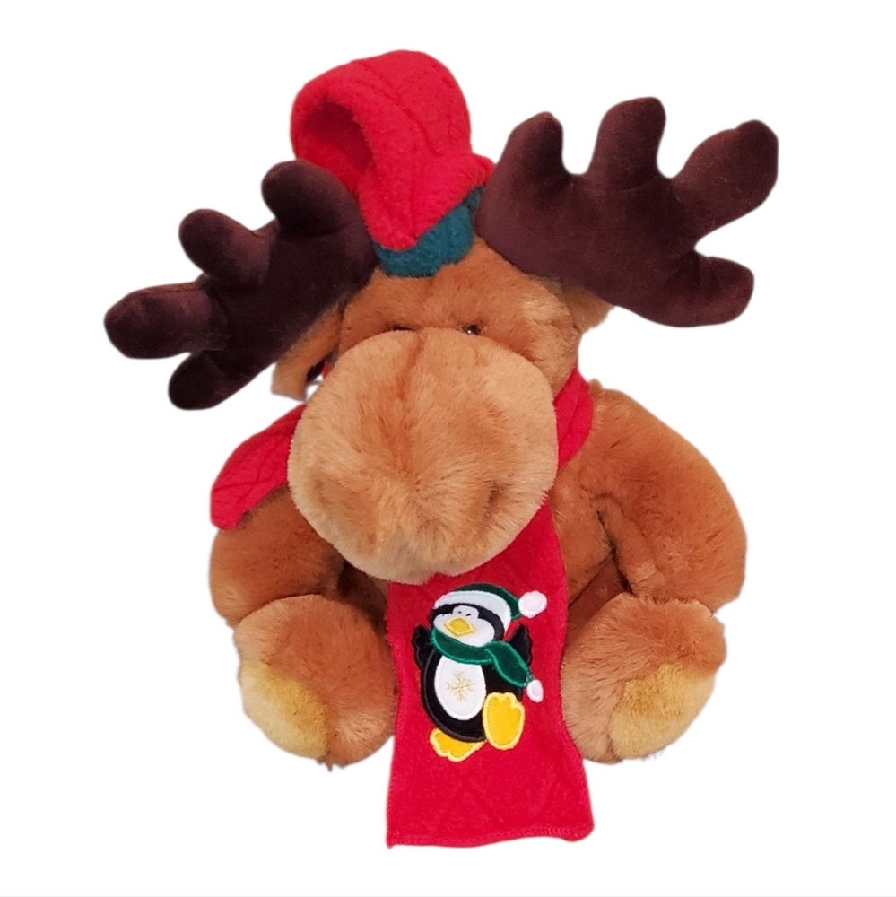 TB Trading Co Christmas Moose Plush with Red Penguin Scarf & Santa's Hat - 12"